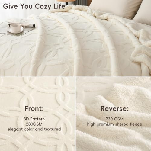 PHF Soft Sherpa Fleece Blanket King, Tufted Jacquard, 01-Cream