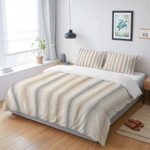 Brown Gray Striped Duvet Cover Queen Size, Modern Boho Stripes