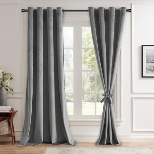 JIUZHEN Grey Velvet Blackout Curtains 120 Inch for Living Room/Bedroom