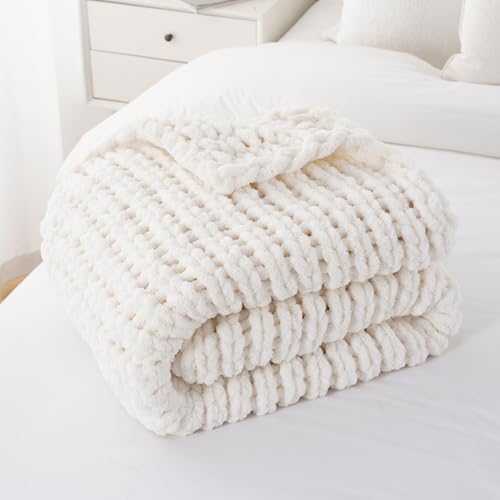 Chunky Knit Throw Blanket for Couch, White Knit Throw Blanket, 50"x60"
