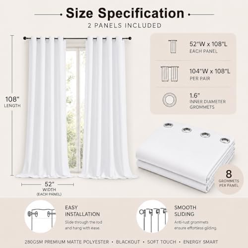 Simplebrand Grommet Room Darkening 108 Inch Long Curtains 2 Panel for