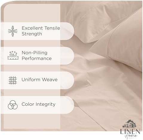 Linen Home 100% Cotton Percale Sheets Twin Size, Sand Shell, Deep