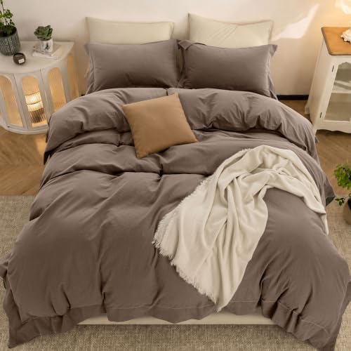 Duvet Cover Set Washed Cotton Embroidered Hem Queen 3‐Pcs