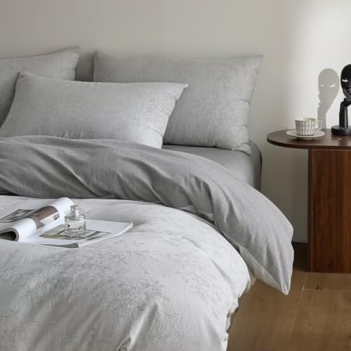 Botanical Floral Duvet Cover Set Full Washed Cotton Light Gray Bedding
