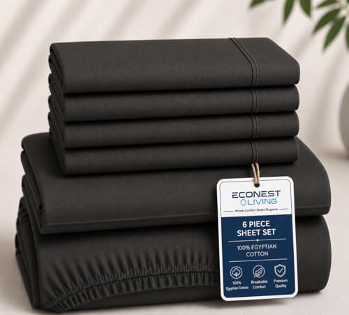 100% Egyptian Cotton King Size Sheets Set, 6-Pc King Bed Sheets, Dark