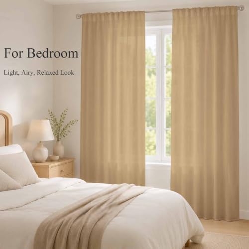Beige Sheer Curtains 108 Inch Long 2 Panels Solid Color Beige