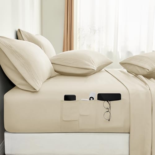 BYSURE 6 Pieces Bed Sheets Set with Pockets on Side(Full, Cream)