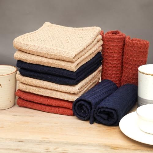 Waffle Weave Dish Cloths Set of 12, Beige Navy Rust, Cotton Blend