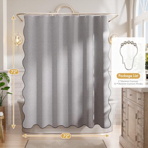 Bathway Modern Scalloped Shower Curtain Linen Textured, Light Gray