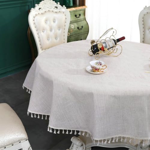Round Table Cloths 70 inch, Linen Look with Tassels Farmhouse