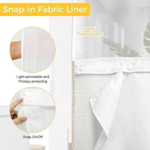 Neutral Tan Linen Weave No Hook Shower Curtain with Snap in Liner