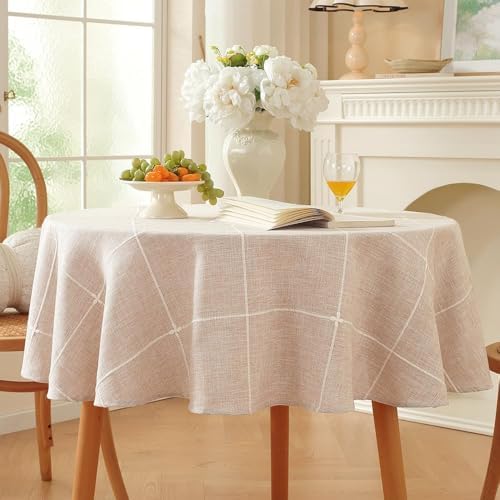 Zobesta Linen Table Cloth Round 70 Inch Plaid Browm Round Tablecloth