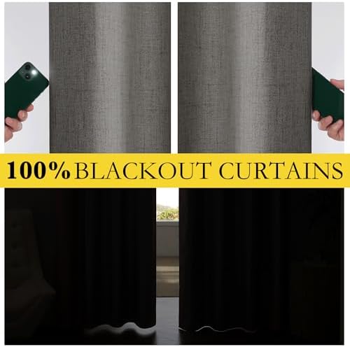 NICETOWN 100% Blackout Linen Curtains 84 inch Long 2 Panels, Grizzle