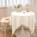 Patio Table Cloths Round Beige White Cotton Linen 94.5 inch