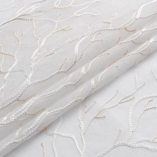VISIONTEX White Sheer Curtains Beige Coral Branch Embroidered