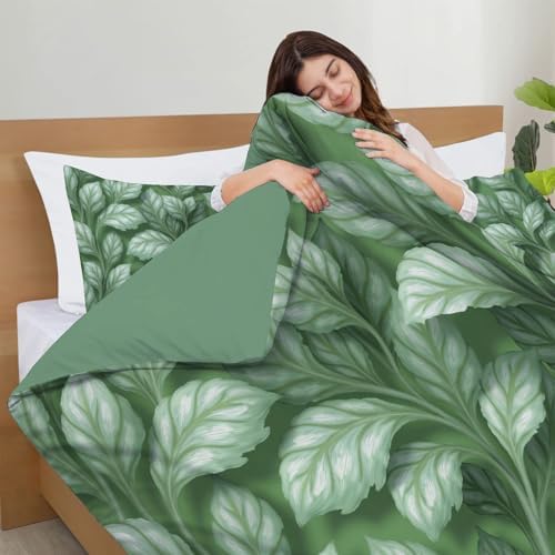 Duvet Cover Set Queen, 3D Watercolor Leaf Texture Hand-Painted Plant