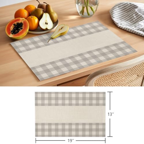 Cotton Linen Placemats for Dining Table Set of 8 Bohemia Grey Plaid