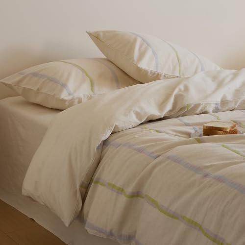 Striped Twin Size Duvet Cover Cotton Linen Cream Comforter Cover Twin