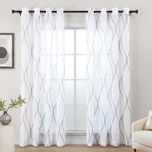 L.Z.E White Sheer Curtains 63 Inch Length 2 Panels Set, Grey Curved
