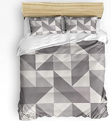 Duvet Cover Set Queen, Geometric Grey Art Triangle 3 Piece Bedding Set