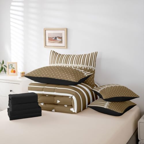 Erosebridal Taupe Heart Striped Queen Comforter Set with Sheets 7 Pcs