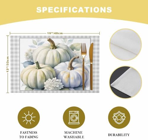 Placemats Set of 8, Thanksgiving Pumpkin Flower Leaves Classic