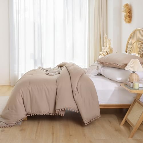 YIRDDEO King Size Comforter Set, Taupe Ball Pom Fringe Bedding Set