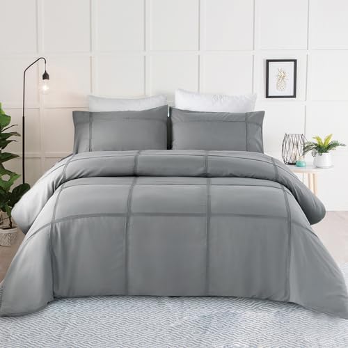 INFLAG Gray Boho Duvet Cover Set, Striped Checkered Pattern Bedding