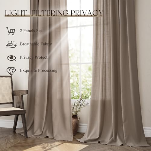 Jowels Dark Taupe Linen Curtains 96 Inch Long 2 Panels for Living Room