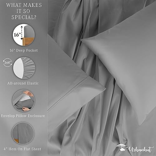 URBANHUT 100% Cotton Sheets King Size, 4 Piece Hotel Style Sheet Set