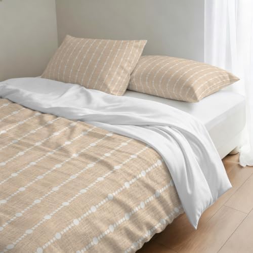 Beige Striped Duvet Cover Set 3 Pieces with Zipper Closure, Modern