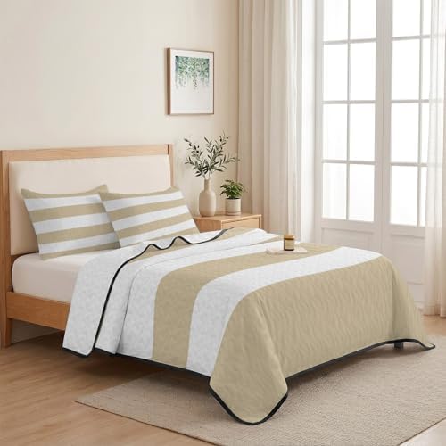 Teamery Queen Quilt Bedding Set Beige White Stripes Breathable Summer