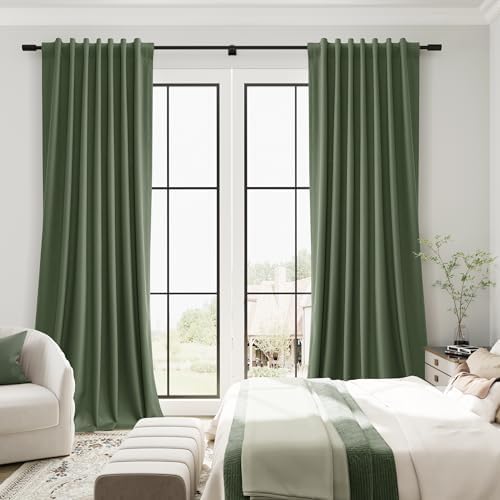 Olive Green 100% Blackout Linen Curtains for Bedroom 96 Inches Long 2
