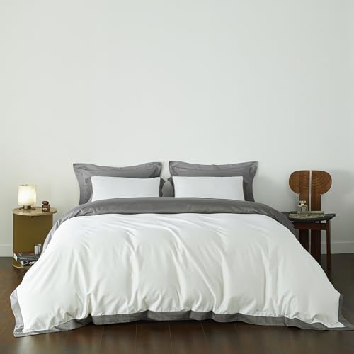 YuHeGuoJi White Grey Duvet Cover Queen 100% Egyptian Cotton 3 Pcs Set