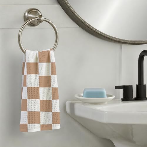 Beige and White Plaid Checkered Hand Towels Set of 2,Waffle Weave Soft