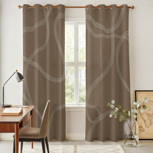 Taupe Line Art Window Curtains Panels with Silver Grommet, Modern