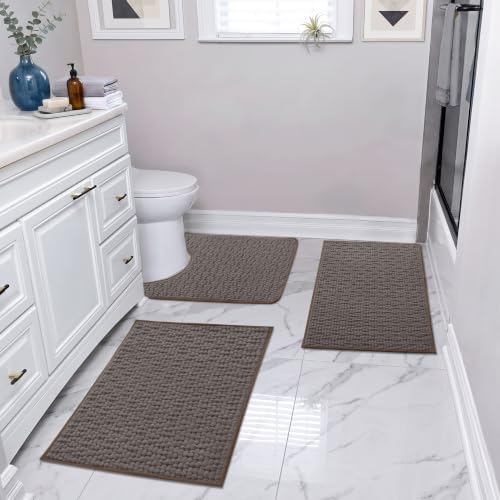 Set of 3 Bath Mats Low Pile Bathroom Rugs, 17"x24"+20"x32"+20"x24"U