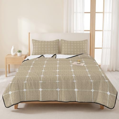 Quilts King Size Bedding Set, Taupe Gingham Lightweight Quilted