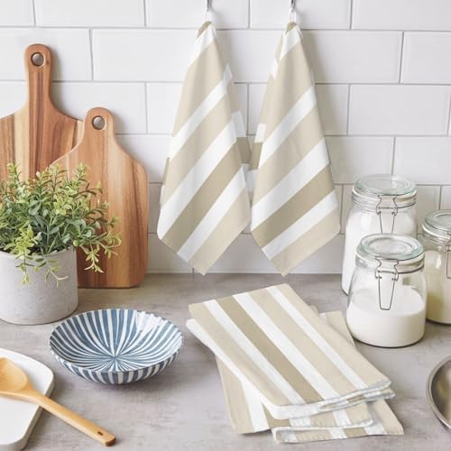 Kitchen Towels Set 3 Pack Beige White Stripes Absorbent Dish Towels