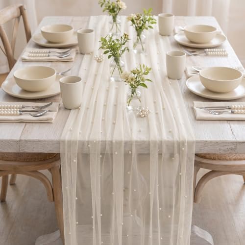 Beige Pearl Gauze Table Runner 120 Inch 10PCS, Dining Wedding Table