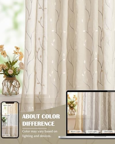 jinchan Beige Leaf Voile Embroidered Curtains 96 Inch Back Tab 2