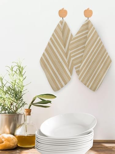 Brown Beige Striped Dish Towels Set, Waffle Weave Kitchen Towels