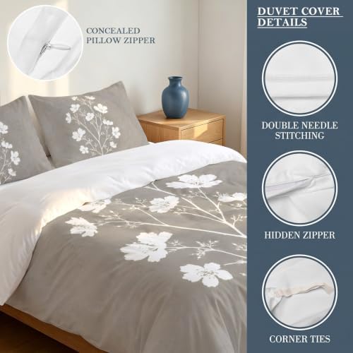 Gray Floral Blossom Duvet Cover Set 3 Pieces with Zipper Closure