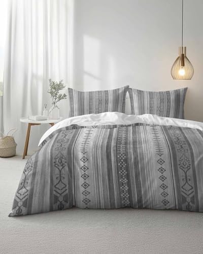 Duvet Cover Set Full, Boho Abstract Ethnic Gray Geometric Pattern