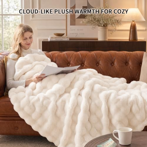 IKALIFE Cozy Bubble Faux Fur King Blanket for Bed, 90x108 Cream