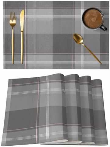 Grey Buffalo Plaid Placemats Set of 8, Cotton Linen Fabric Place Mats