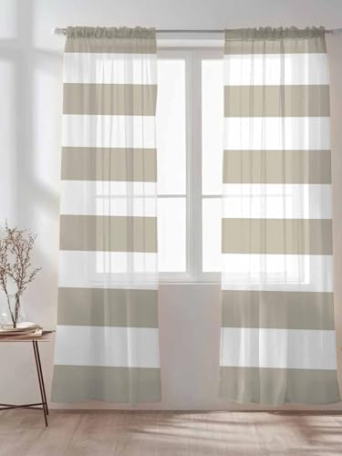 Sheer Curtains 108 inches Long 2 Panels Set Beige and White Stripe
