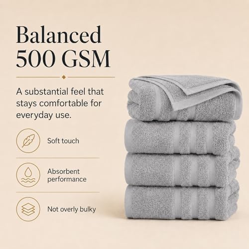 Velqora Large 100% Cotton Bath Towels 4 Pack, 30x60 in, Light Gray