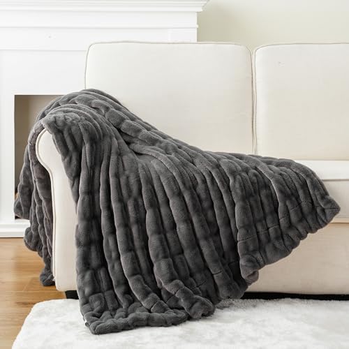 BATTILO Grey Faux Fur Throw Blanket for Couch, 60"x80", Double Side