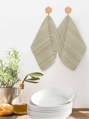 Rustic Beige Striped Dish Towels Set, Waffle Weave Kitchen Towels
